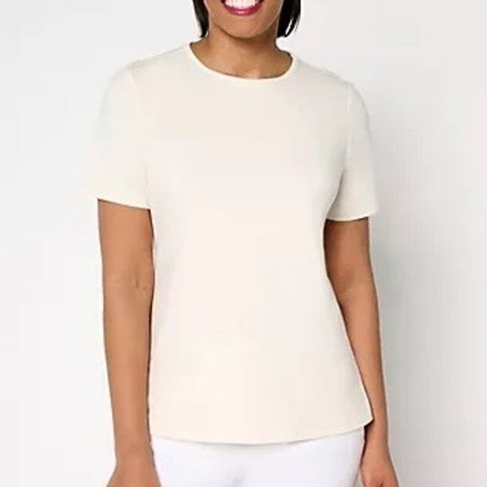Denim & Co Size Medium Natural Perfect Jersey Short Sleeve Crew Neck Top A685437